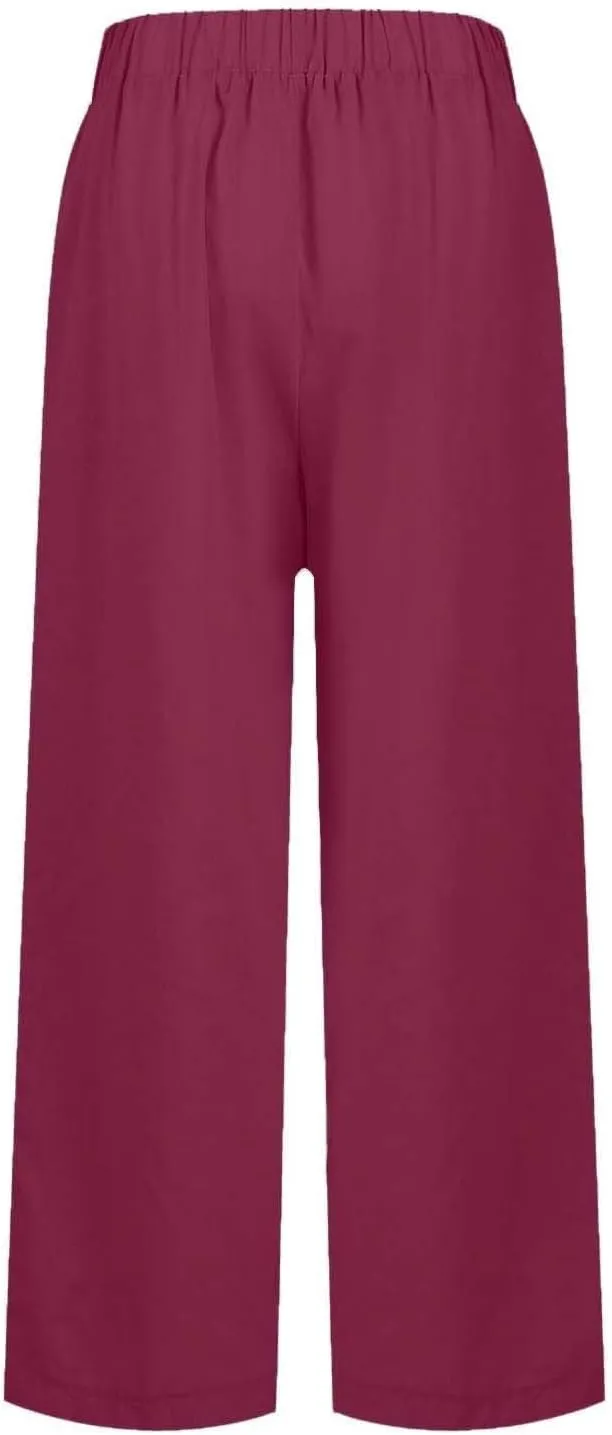 Linen Pants Women Plus Size Elastic Waist Straight Leg Crop Pants Casual Summer Capris with Pokcets Resort Wear 2025