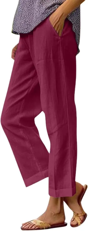 Linen Pants Women Plus Size Elastic Waist Straight Leg Crop Pants Casual Summer Capris with Pokcets Resort Wear 2025