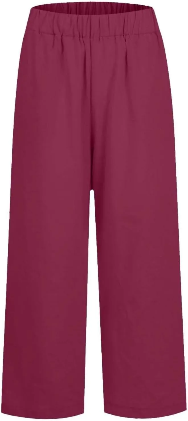 Linen Pants Women Plus Size Elastic Waist Straight Leg Crop Pants Casual Summer Capris with Pokcets Resort Wear 2025