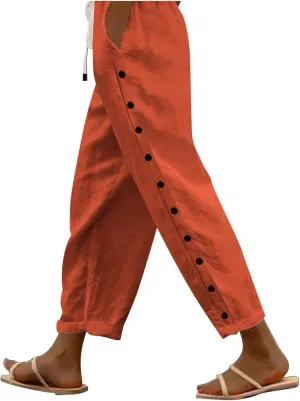 Linen Pants Women Side Button 2025 Summer Trendy Vacation Elastic Waist Straight Leg Capris Casual Cropped Trousers