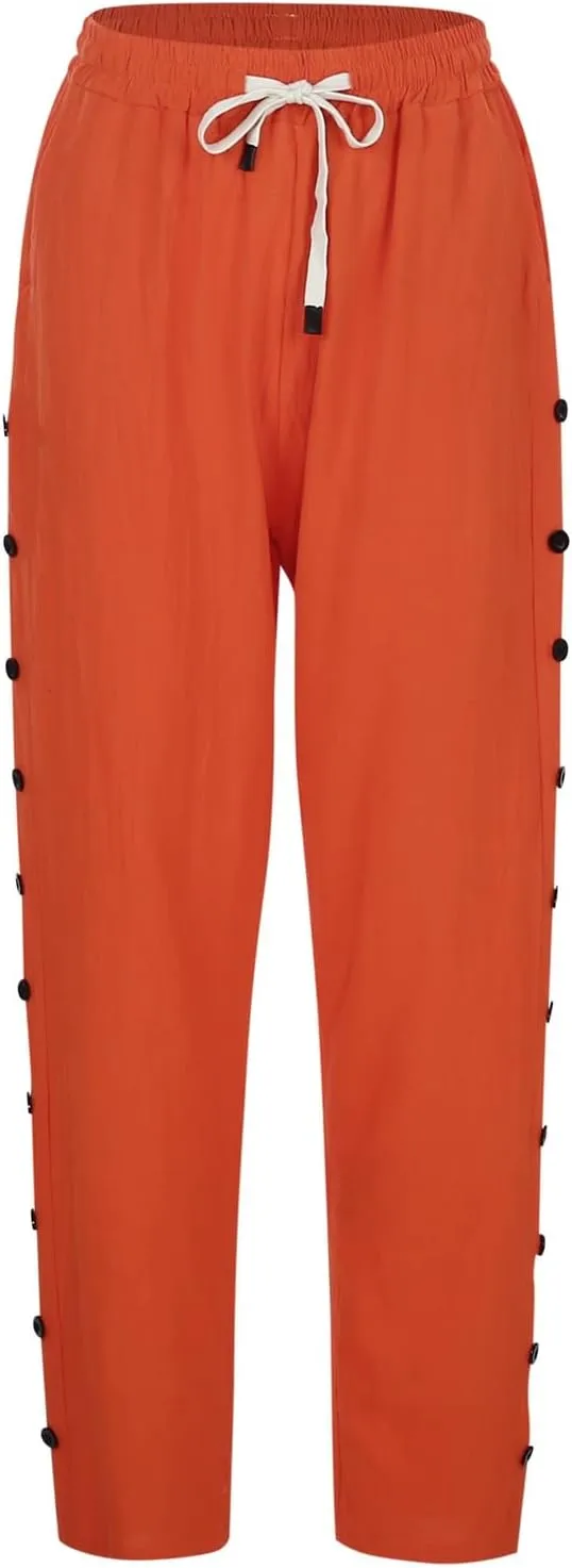 Linen Pants Women Side Button 2025 Summer Trendy Vacation Elastic Waist Straight Leg Capris Casual Cropped Trousers