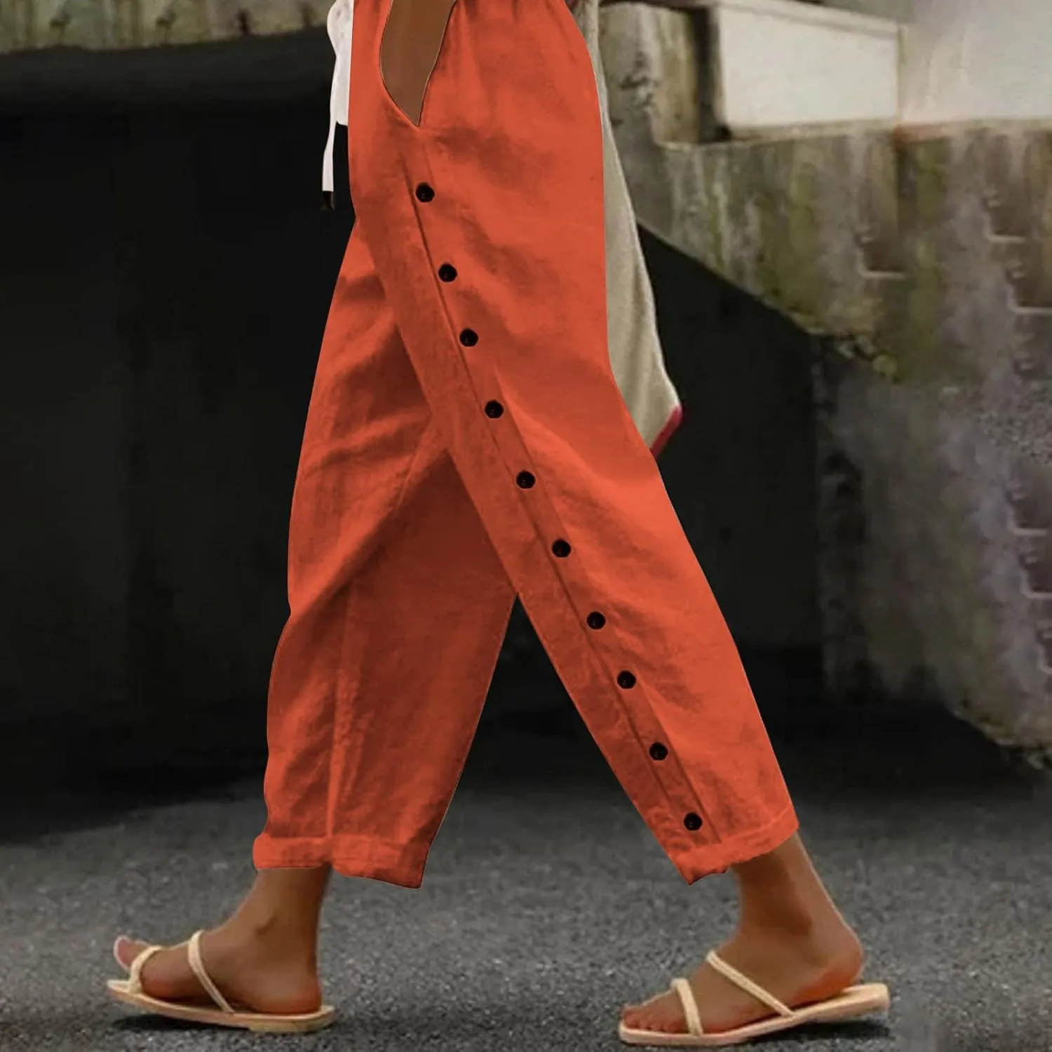 Linen Pants Women Side Button 2025 Summer Trendy Vacation Elastic Waist Straight Leg Capris Casual Cropped Trousers