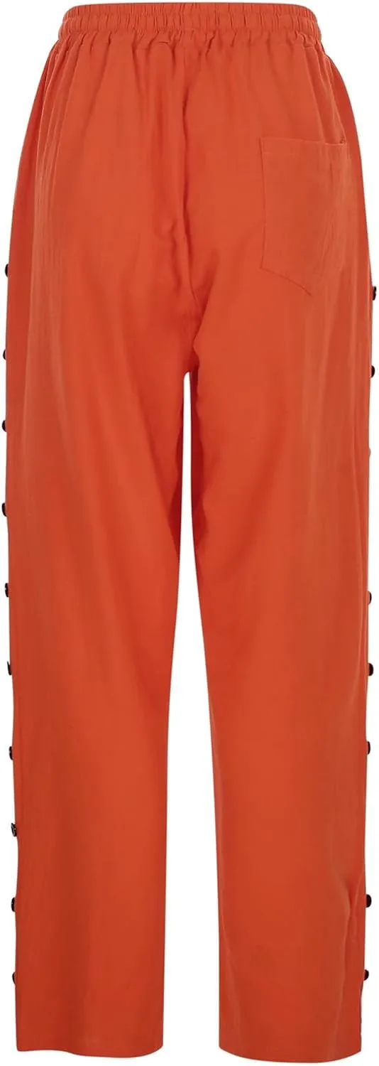 Linen Pants Women Side Button 2025 Summer Trendy Vacation Elastic Waist Straight Leg Capris Casual Cropped Trousers
