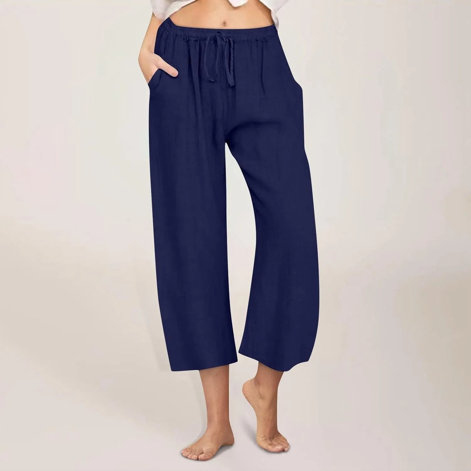 Linen Pants Women Summer Boho Mid Rise Palazzo Trousers Casual Cotton Solid Going Out Beach Clothes with Pockets
