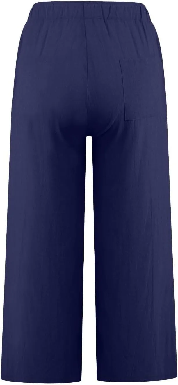 Linen Pants Women Summer Boho Mid Rise Palazzo Trousers Casual Cotton Solid Going Out Beach Clothes with Pockets