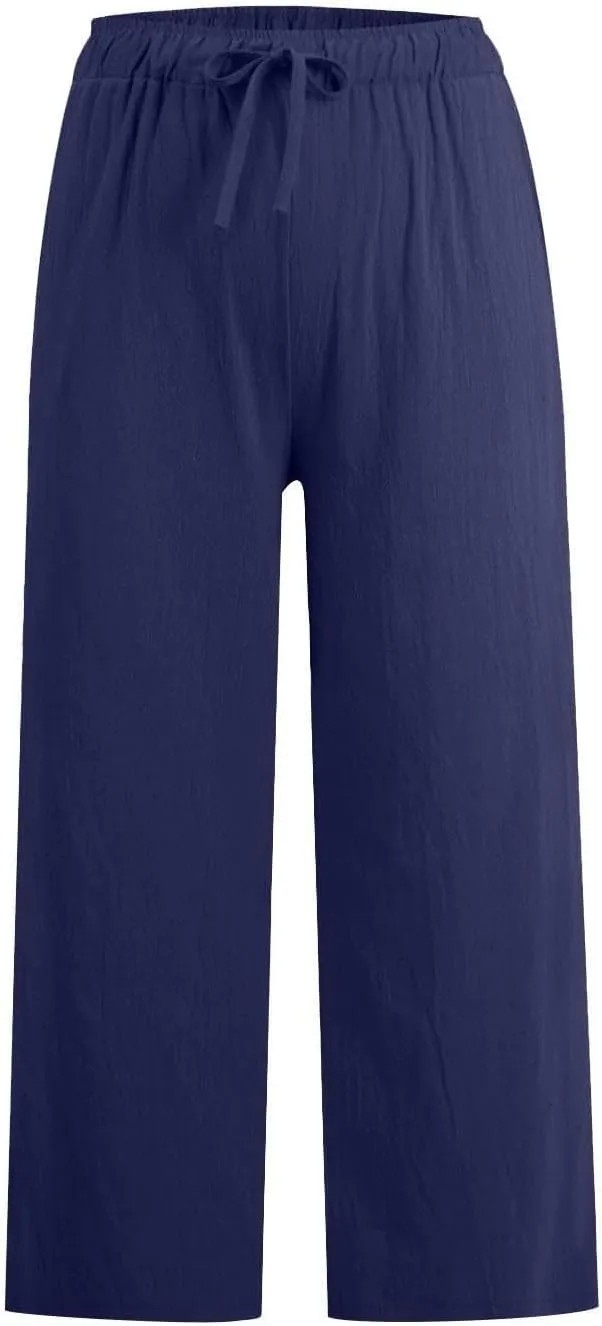 Linen Pants Women Summer Boho Mid Rise Palazzo Trousers Casual Cotton Solid Going Out Beach Clothes with Pockets