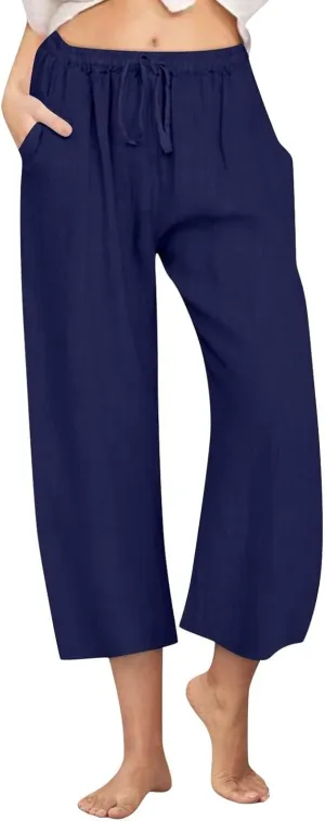 Linen Pants Women Summer Boho Mid Rise Palazzo Trousers Casual Cotton Solid Going Out Beach Clothes with Pockets