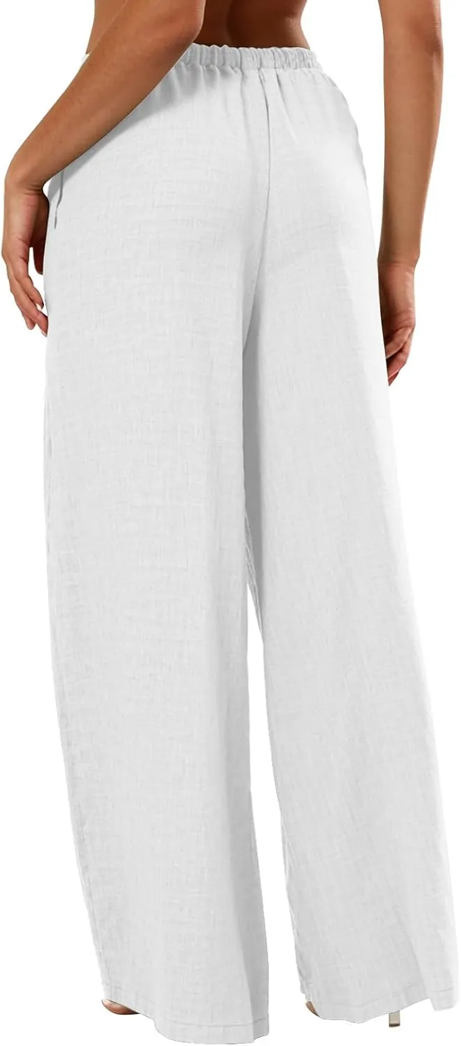 Linen Pants Women Summer Drawstring High Waisted Wide Leg Yoga Pants with Pockets Holiday Boho Beach Palazzo Pants