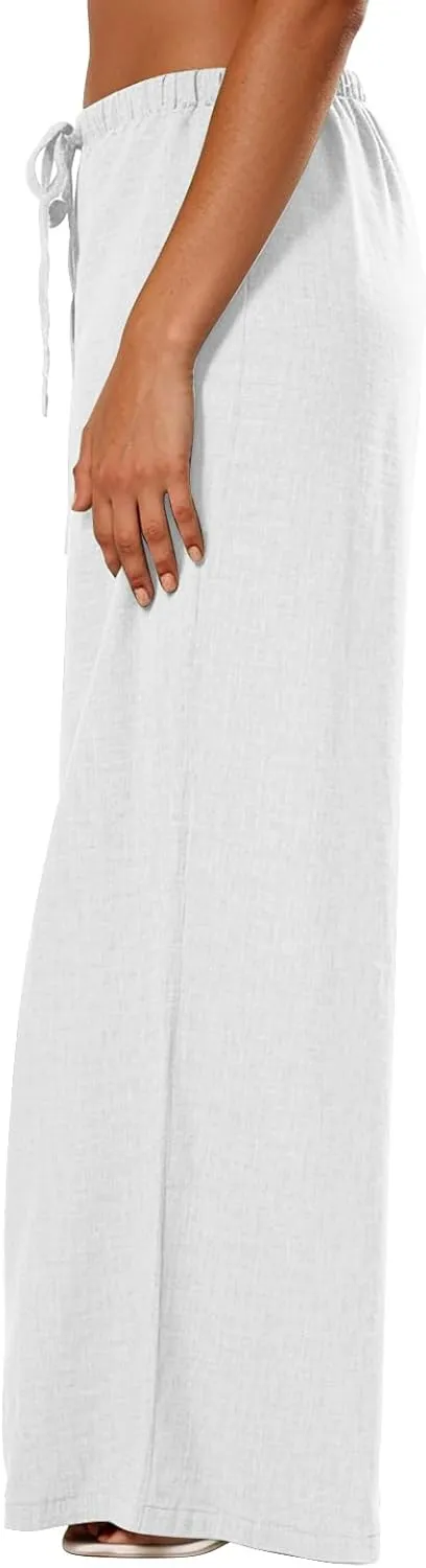 Linen Pants Women Summer Drawstring High Waisted Wide Leg Yoga Pants with Pockets Holiday Boho Beach Palazzo Pants