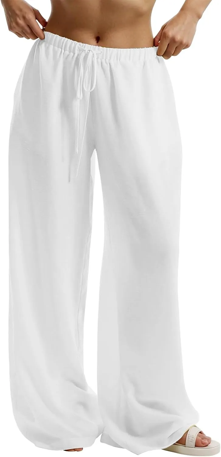 Linen Pants Women Summer Drawstring High Waisted Wide Leg Yoga Pants with Pockets Holiday Boho Beach Palazzo Pants