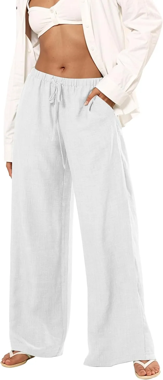 Linen Pants Women Summer Drawstring High Waisted Wide Leg Yoga Pants with Pockets Holiday Boho Beach Palazzo Pants