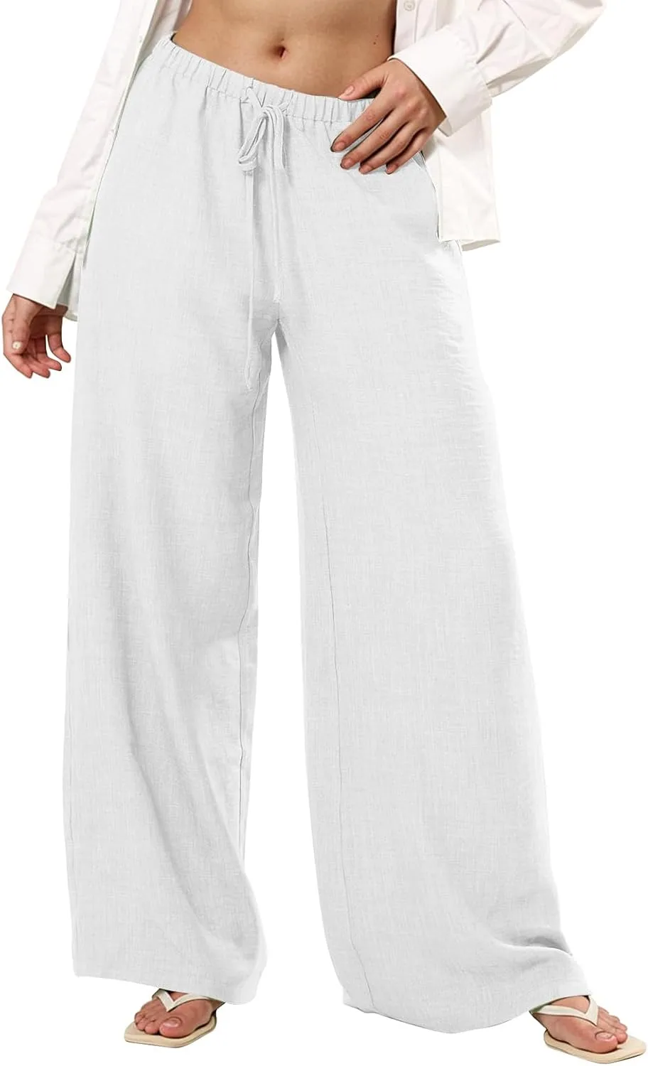 Linen Pants Women Summer Drawstring High Waisted Wide Leg Yoga Pants with Pockets Holiday Boho Beach Palazzo Pants
