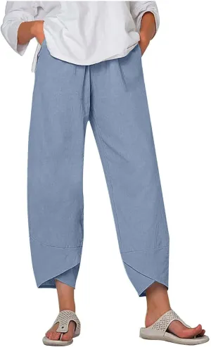 Linen Pants Women Summer Plus Size 2024 Capri Pants Loose Plain Cropped Trousers Stretchy Elastic Waist Lounge Pants
