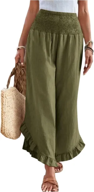 Linen Pants Women Summer Wide Leg Smocked Waist Ruffle Hem Palazzo Pants Boho Flowy Beach Vacation Pant with Pockets