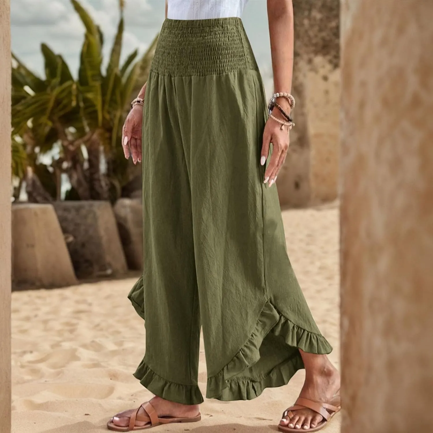 Linen Pants Women Summer Wide Leg Smocked Waist Ruffle Hem Palazzo Pants Boho Flowy Beach Vacation Pant with Pockets