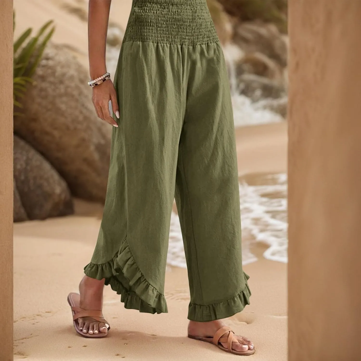 Linen Pants Women Summer Wide Leg Smocked Waist Ruffle Hem Palazzo Pants Boho Flowy Beach Vacation Pant with Pockets