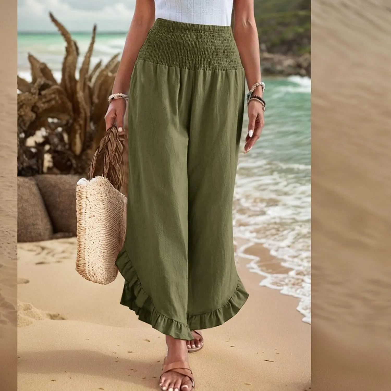 Linen Pants Women Summer Wide Leg Smocked Waist Ruffle Hem Palazzo Pants Boho Flowy Beach Vacation Pant with Pockets
