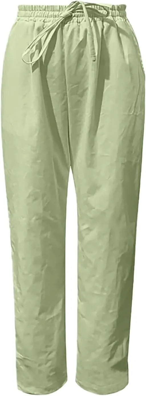 Linen Pants Women Tapered Pant Drawstring Lounge Trousers with Pocket High Waist Pants Beach Wear Summer Clothes