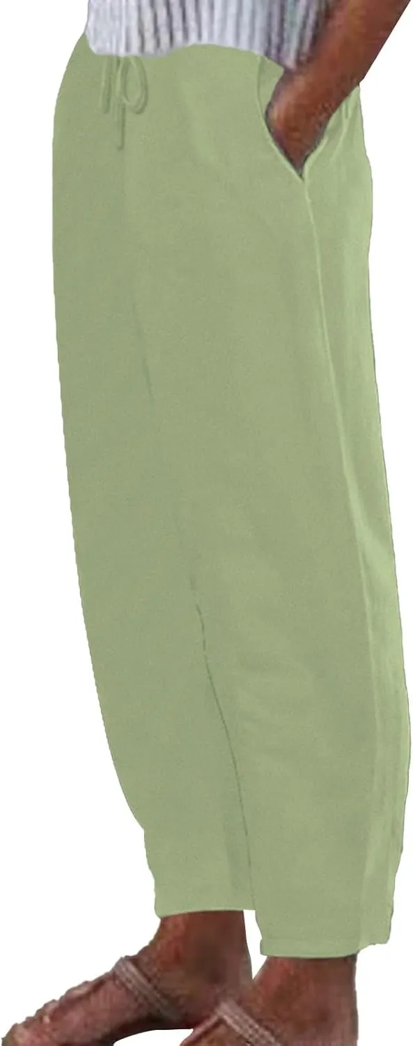 Linen Pants Women Tapered Pant Drawstring Lounge Trousers with Pocket High Waist Pants Beach Wear Summer Clothes