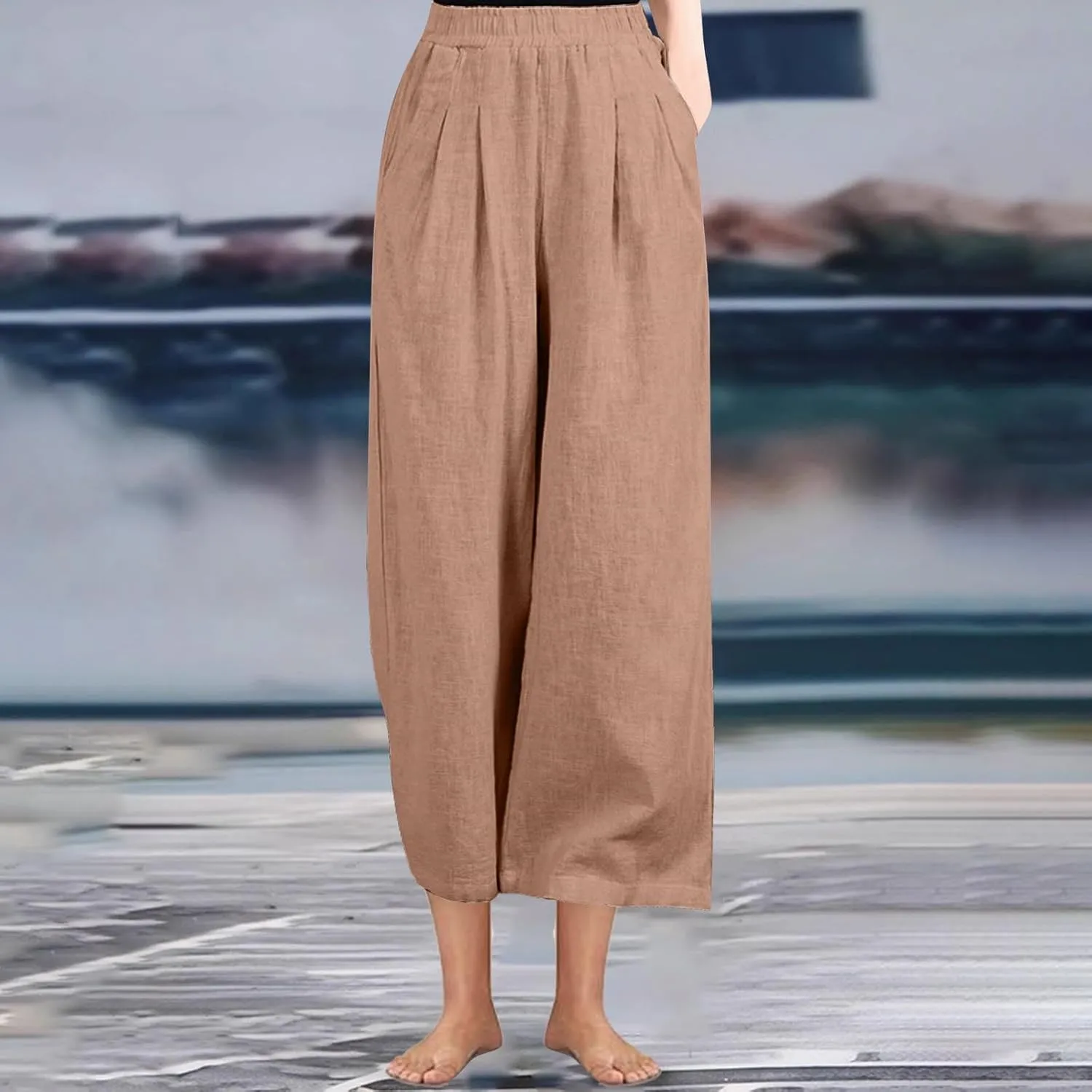 Linen Pants Women Wide Leg High Waist Elastic Pants Casual Summer Beach Comfy Palazzo for Home Workwear Trousers