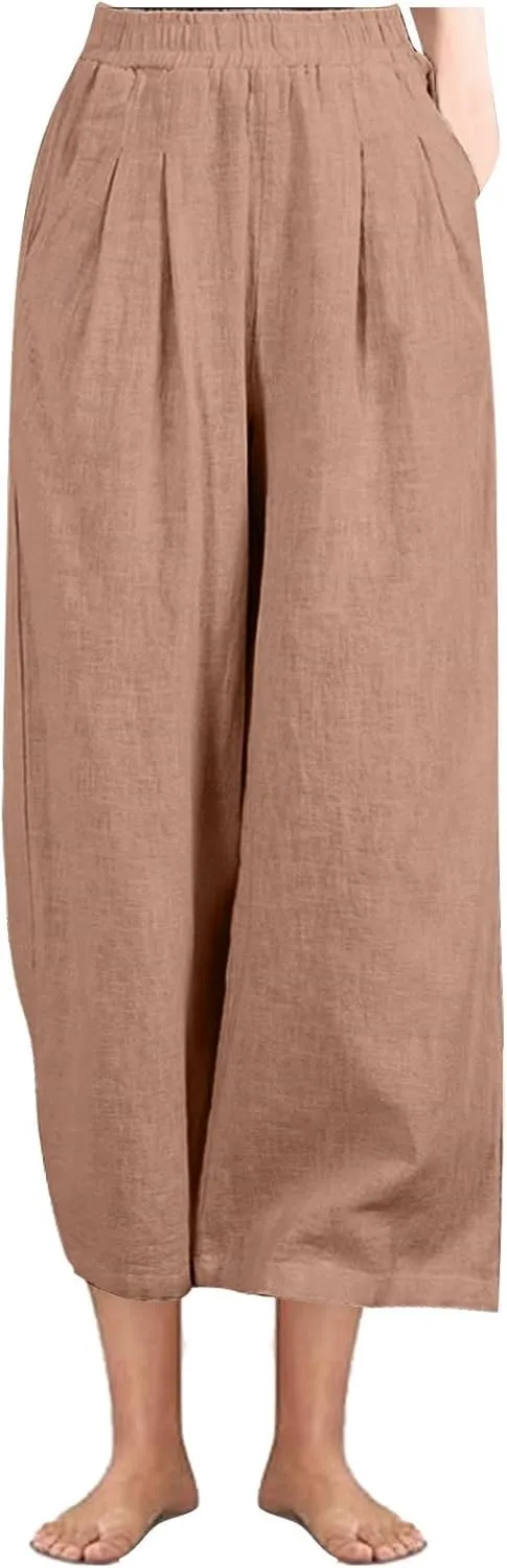 Linen Pants Women Wide Leg High Waist Elastic Pants Casual Summer Beach Comfy Palazzo for Home Workwear Trousers