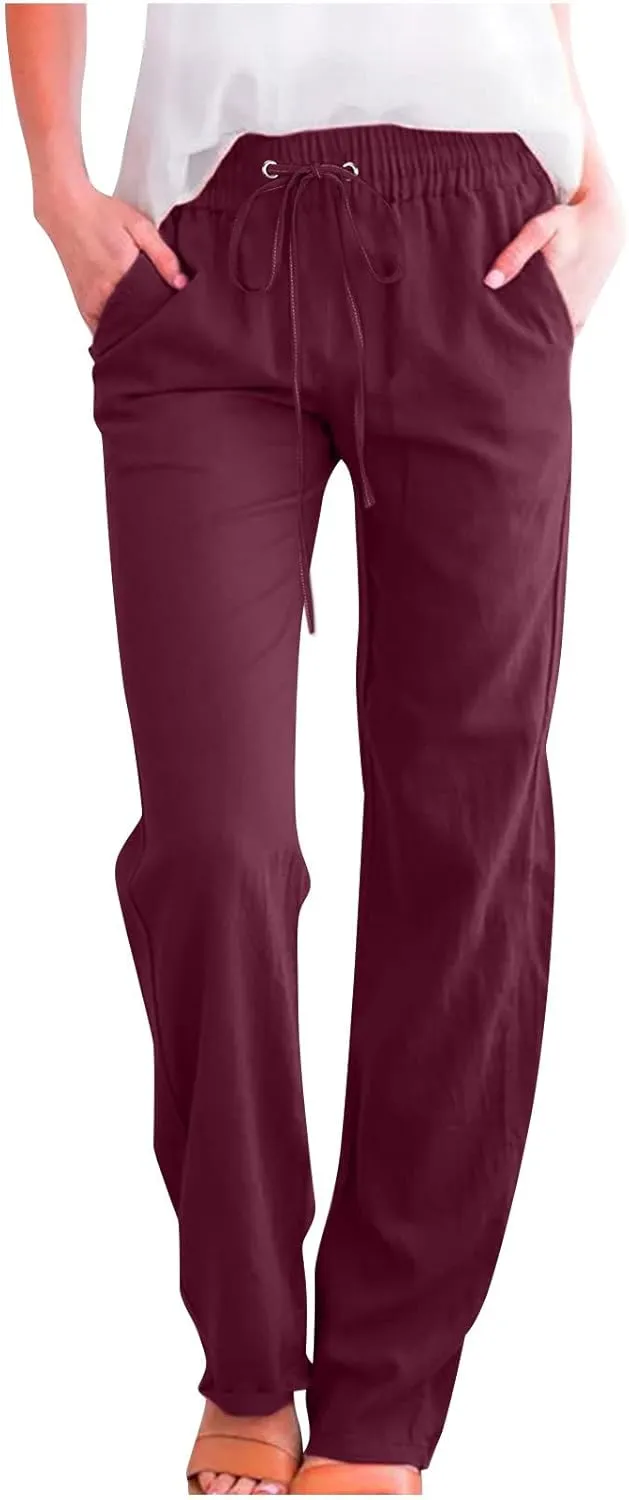 Linen Pants Women Wide Leg Summer Lounge Pants High Waisted Elastic Waist Trousers Fashion Trousers with Pockets 2025