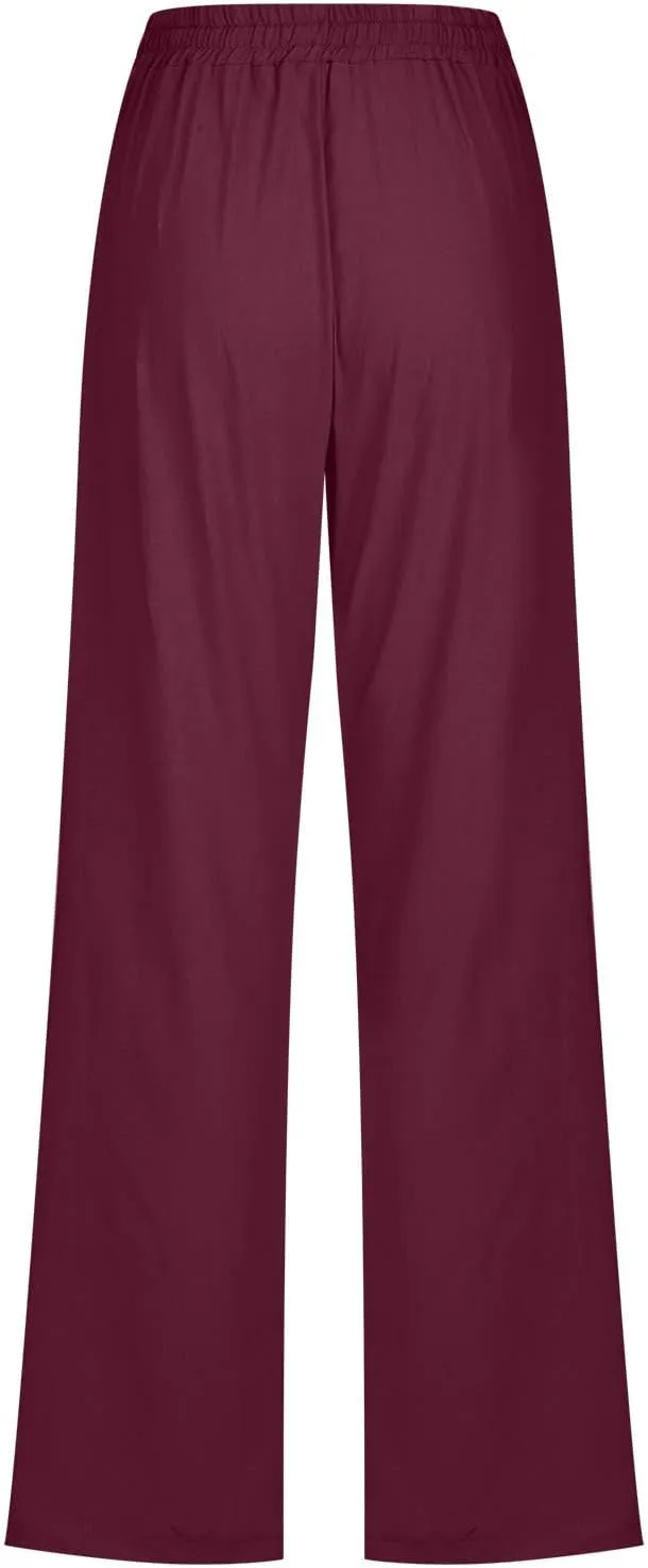 Linen Pants Women Wide Leg Summer Lounge Pants High Waisted Elastic Waist Trousers Fashion Trousers with Pockets 2025