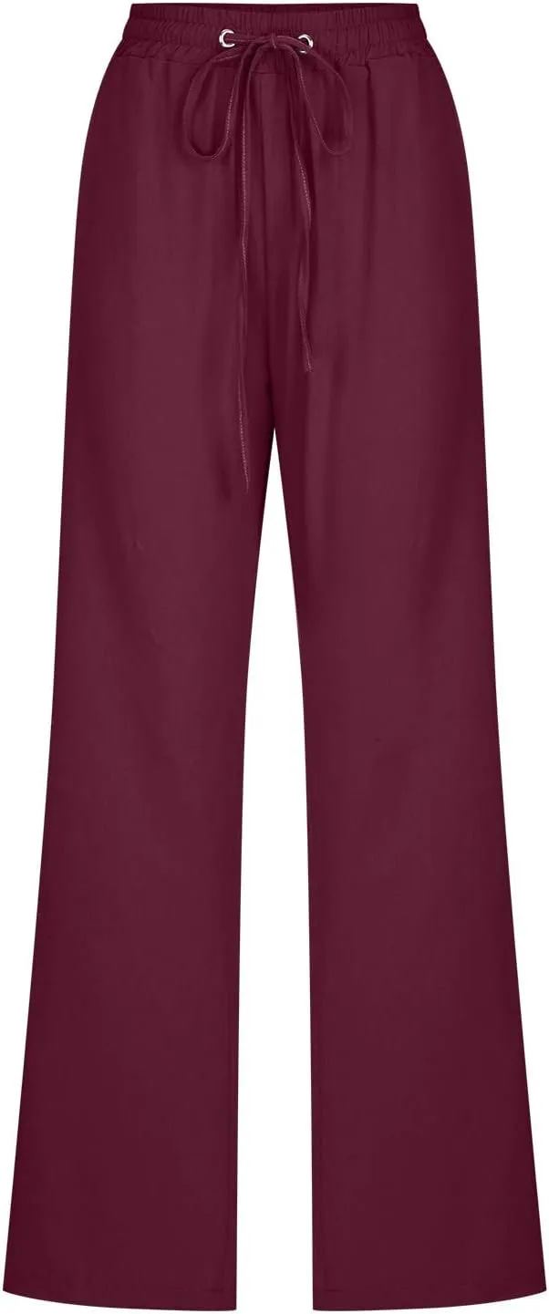 Linen Pants Women Wide Leg Summer Lounge Pants High Waisted Elastic Waist Trousers Fashion Trousers with Pockets 2025