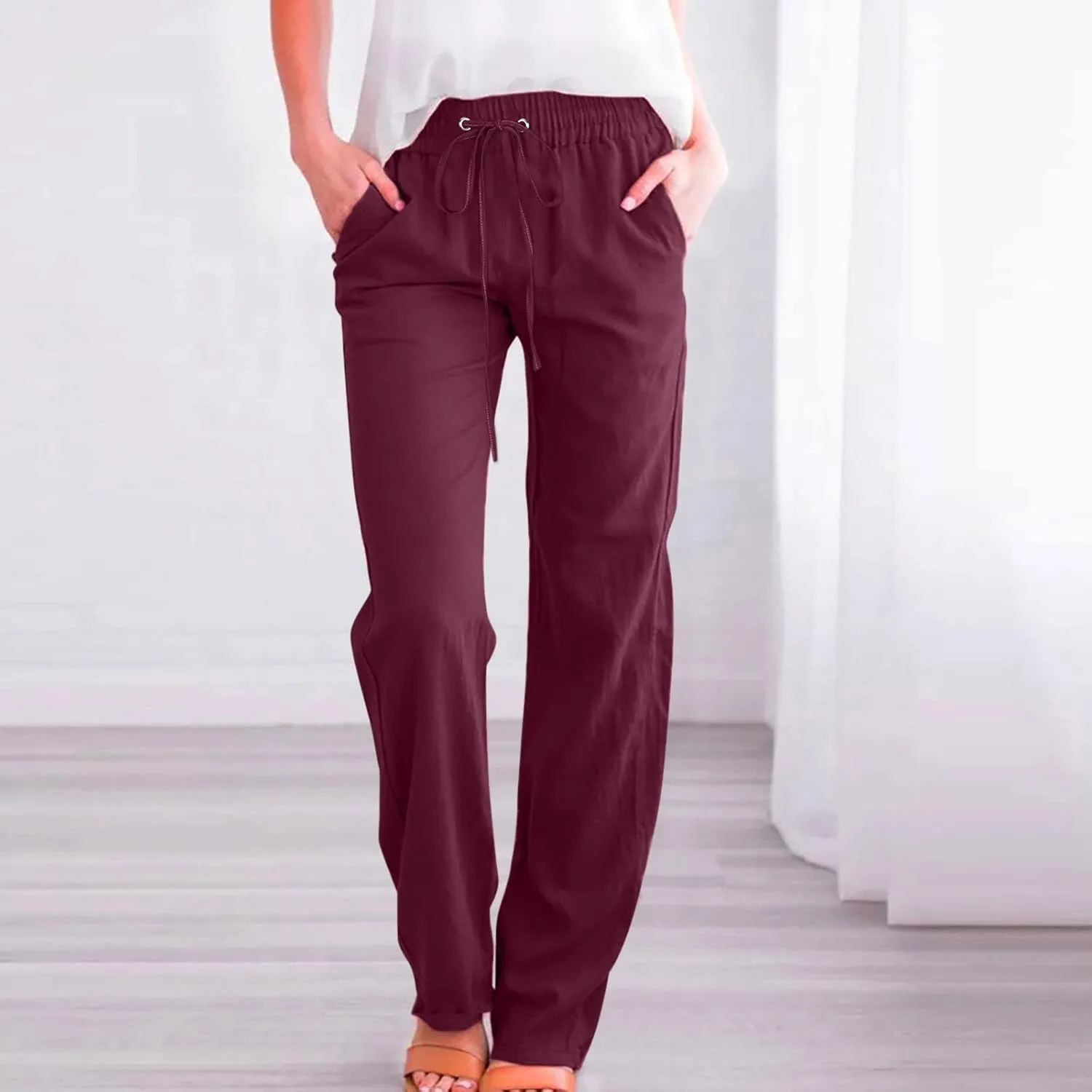 Linen Pants Women Wide Leg Summer Lounge Pants High Waisted Elastic Waist Trousers Fashion Trousers with Pockets 2025
