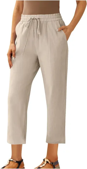 Linen Pants Women's Straight Leg Capri Pants for Women Solid Color Sweatpants for Women Elastic Waist Cropped Trousers