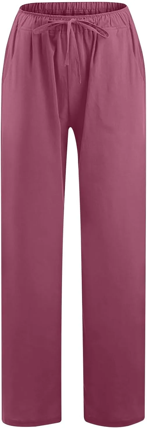 Linen Summer Pants Women 2024 Trendy Casual High Waist Drawstring Loose Fit Lightweight Long Palazzo Gauze Pants