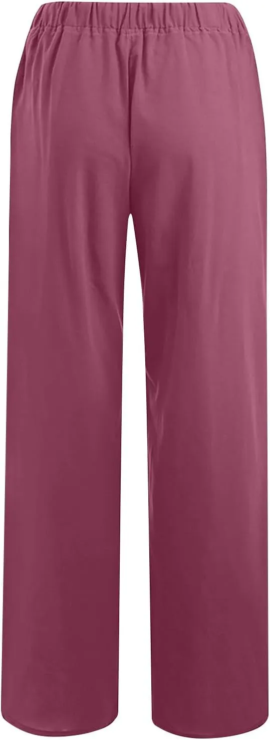 Linen Summer Pants Women 2024 Trendy Casual High Waist Drawstring Loose Fit Lightweight Long Palazzo Gauze Pants