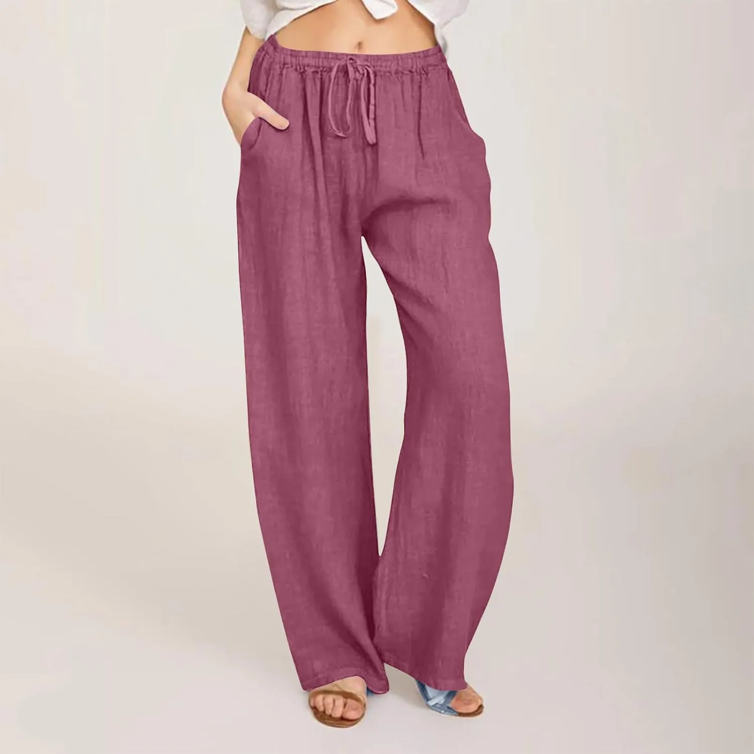 Linen Summer Pants Women 2024 Trendy Casual High Waist Drawstring Loose Fit Lightweight Long Palazzo Gauze Pants