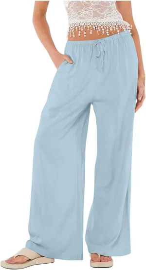 Linen Wide Leg Pants for Women Summer High Waisted Drawstring Palazzo Pants Casual Beach Pants Baggy Lounge Trousers