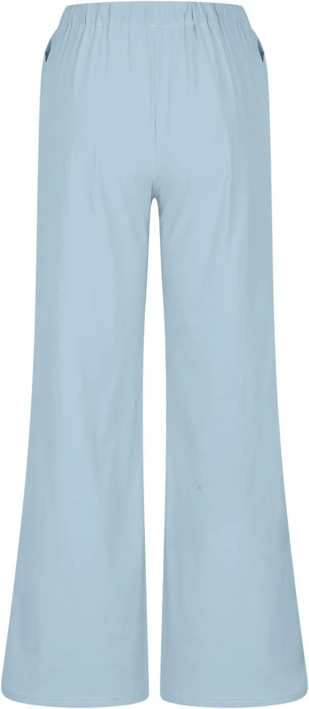 Linen Wide Leg Pants for Women Summer High Waisted Drawstring Palazzo Pants Casual Beach Pants Baggy Lounge Trousers