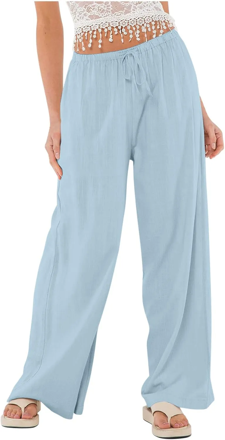 Linen Wide Leg Pants for Women Summer High Waisted Drawstring Palazzo Pants Casual Beach Pants Baggy Lounge Trousers