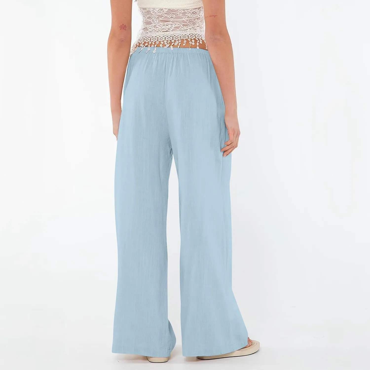 Linen Wide Leg Pants for Women Summer High Waisted Drawstring Palazzo Pants Casual Beach Pants Baggy Lounge Trousers