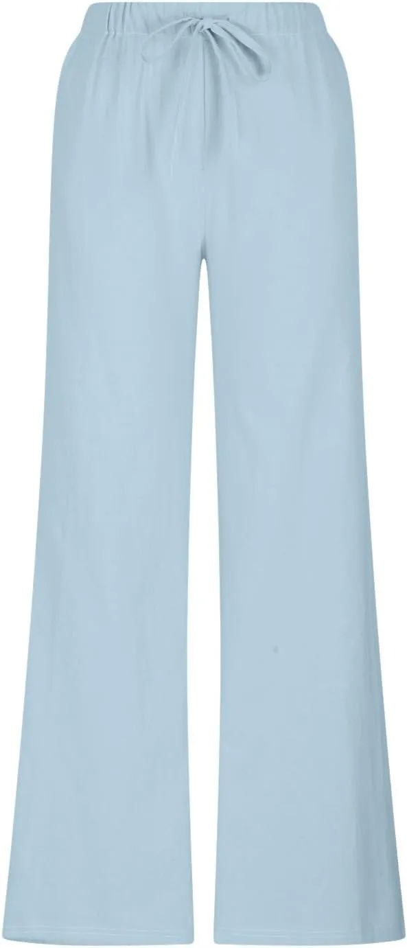 Linen Wide Leg Pants for Women Summer High Waisted Drawstring Palazzo Pants Casual Beach Pants Baggy Lounge Trousers