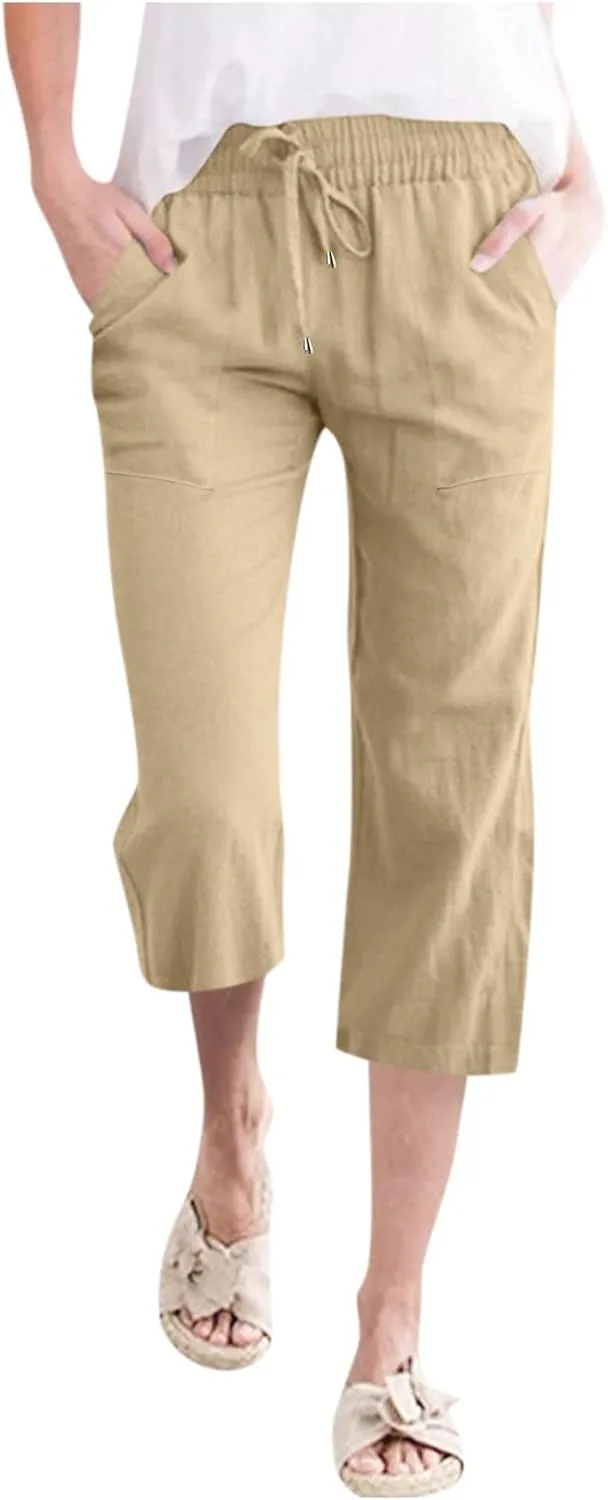 Litetao Capri Pants for Women Casual Summer Solid Capris Drawstring Waist Linen Pants Straight Leg Beach Cropped Trousers
