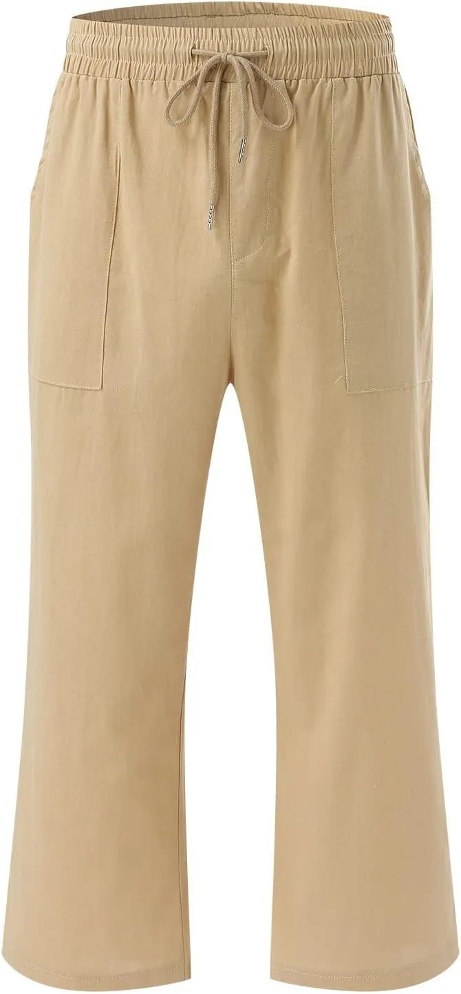 Litetao Capri Pants for Women Casual Summer Solid Capris Drawstring Waist Linen Pants Straight Leg Beach Cropped Trousers