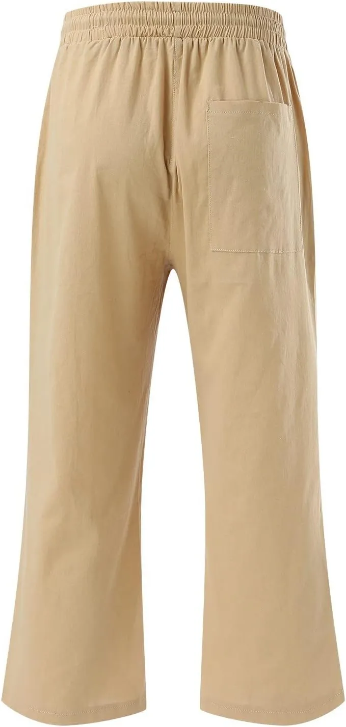 Litetao Capri Pants for Women Casual Summer Solid Capris Drawstring Waist Linen Pants Straight Leg Beach Cropped Trousers