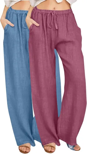 Lmdudan 2 Pcs Linen Pants for Women Summer 2025 Casual Drawstring Elastic Waist Wide Leg Pant Lounge Trousers with Pockets