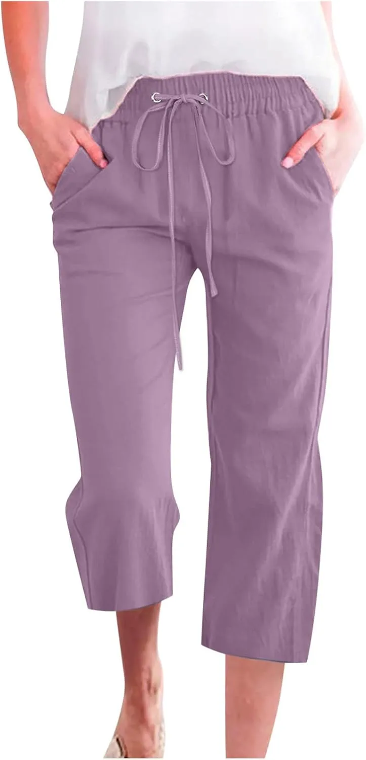 Lmdudan 2025 Summer Cotton Linen Capri Pants Women Drawstring Elastic Waist Casual Pant Straight Wide Leg Cropped Trousers