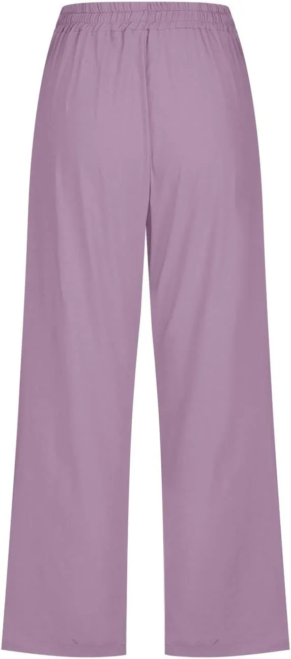 Lmdudan 2025 Summer Cotton Linen Capri Pants Women Drawstring Elastic Waist Casual Pant Straight Wide Leg Cropped Trousers