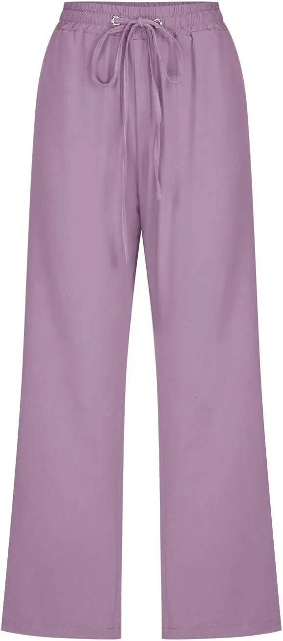 Lmdudan 2025 Summer Cotton Linen Capri Pants Women Drawstring Elastic Waist Casual Pant Straight Wide Leg Cropped Trousers