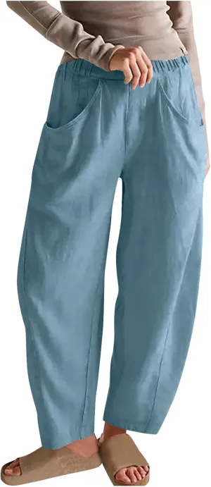 Lmdudan 2025 Summer Linen Capri Pants for Women Elastic Waist Tapered Cropped Pants Lightweight Crop Trousers with Pockets