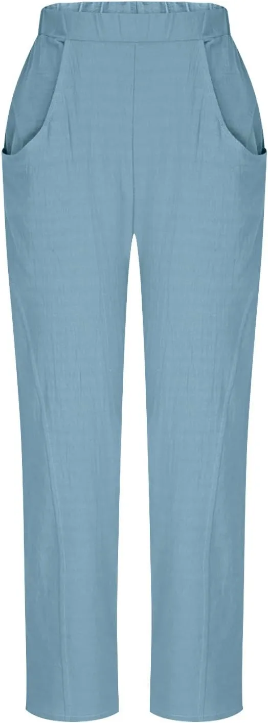 Lmdudan 2025 Summer Linen Capri Pants for Women Elastic Waist Tapered Cropped Pants Lightweight Crop Trousers with Pockets