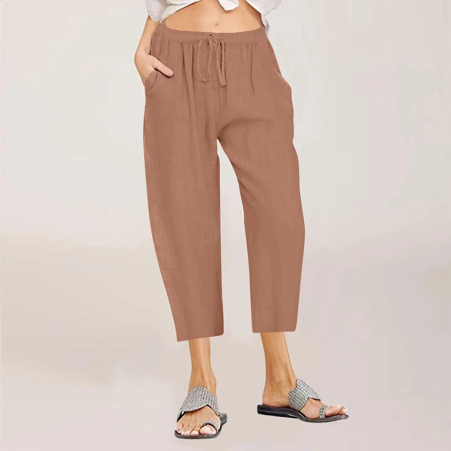 Lmdudan 2025 Women Plus Size Wide Leg Pants Summer Stretchy Drawstring Waist Workout Pants Casual Trousers Pants with Pockets