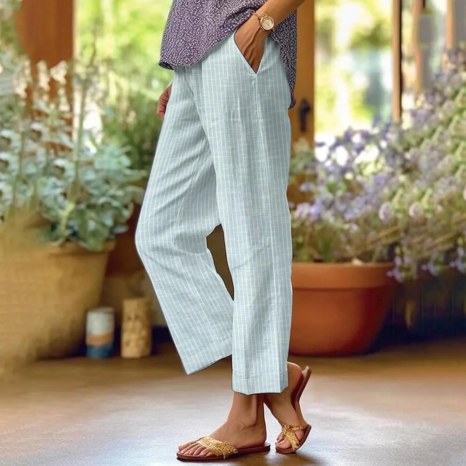 Lmdudan Cotton Linen Pants Women Elastic Waisted Drawstring Summer Cropped Pant Travel Vacation Beach Baggy Capri Trousers