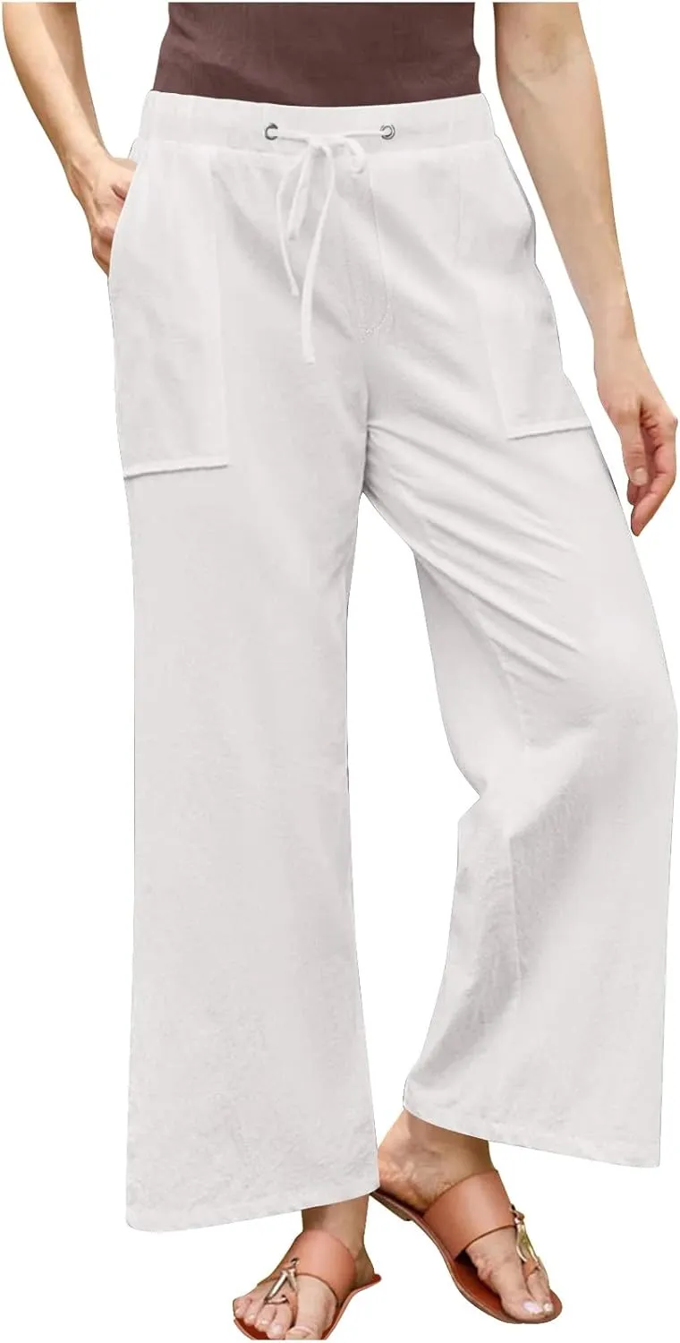 Lmdudan Plus Size Women Linen Pants Wide Leg Palazzo Pant Cotton Linen Drawstring Summer Lightweight Trousers with Pockets